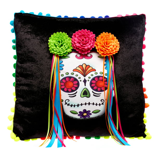 18x18 Multicolor Sugar Skull Decor Halloween Day Of The Dead Gift Sugar Skull Flowers Guitar Dia De Muertos Mexican Halloween Throw Pillow 
